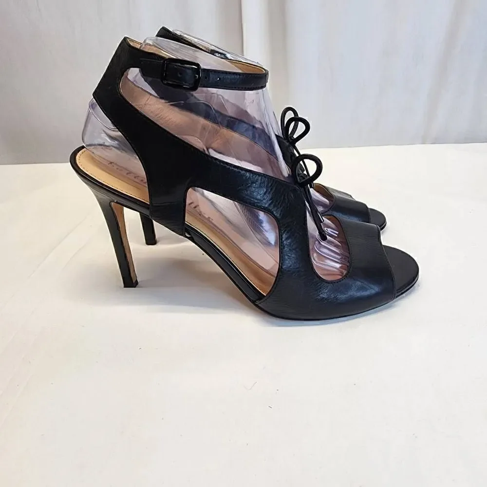 Bettye Mueller Black Leather Pumps Cut Out Ankle Strap Size 9.5
